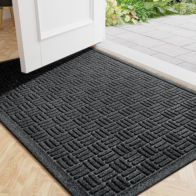 Mibao Front Door Mat Indoor Outdoor Entrance, Dirt Trapping Waterproof All-Season, All-Weather Doormat, Non-Slip Durable Natural Rubber Low Profile Easy Clean Patio Entrance Mat, 47" x 31.5", Black