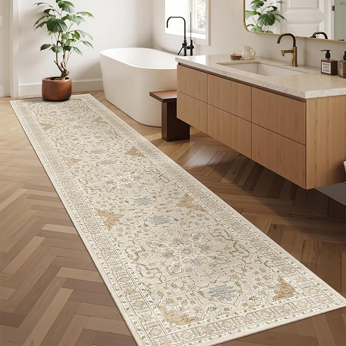 Madane Runner Rugs for Hallway 2x10 Long Washable Non-Slip Hallway Runner Rug Low-Pile Stair Kitchen Runner Soft Throw Carpet for Entrance Living Dining Laundry Room (Beige/Blue, 2 x 10)