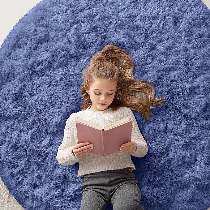 OLANLY Denim Blue Round Rugs for Bedroom - Machine Washable, 5 ft Circle Area Rugs for Living Room, Soft and Fluffy Shaggy Carpet for Teen Girl and Boys, Nursery Rooms, Dorms, Home Decor Aesthetic