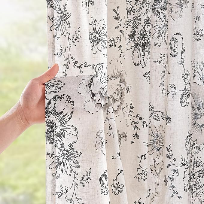 jinchan Floral Curtains for Living Room 84 Inch Length Farmhouse Printed Curtain Rod Pocket Back Tab Black Peony Flower Patterned Drapes Bedroom Window Curtains Set 2 Panels 25% Linen 75% Polyester