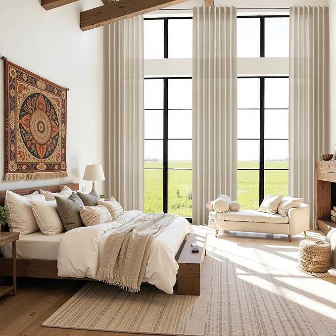 Eggshell Beige Linen Curtains 132 Inch Length for Living Room Light Filtering Semi Sheer Curtain Back Tab Rustic Farmhouse Decor Drapes Floor to Ceiling High Window for Bedroom 52x132, 2 Panels