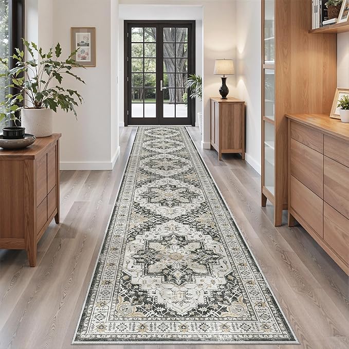 Madane Hallway Runner Rug 2'6''x14' Kitchen Runner, Non Slip Vintage Runners for Hallways Washable Kitchen Rugs Soft Low Pile 2.5x14 ft Rug Runner for Laundry Room, Entryway and Bedroom, Black