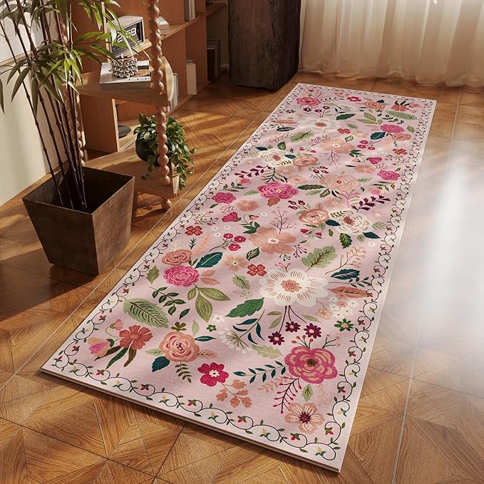 Rugcomf Runner Rug for Hallways Kitchen Rug Non Slip 2'6''x8' Washable Runner Rugs with Rubber Backing Soft Floral Carpet Runner for Hallways, Kitchen, Laundry, Bedroom, Bathroom(Pink)