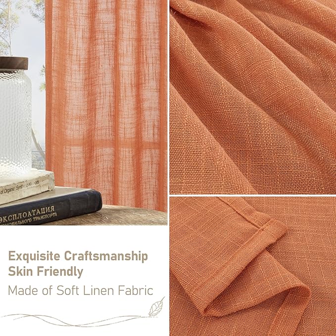 LAMIT Burnt Orange Linen Curtains 45 Inch Length 2 Panels, Light Filtering Panels Back Tab and Rod Pocket Country Decor Drapes for Kitchen/Window/Loft Room/Bedroom, 34 x 45 Inch