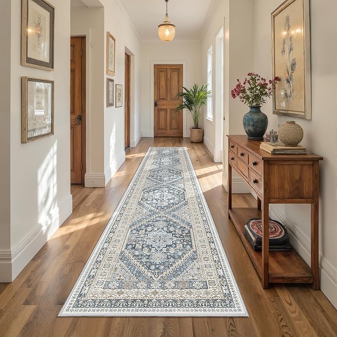 Hallway Runner Rug 2x12, Extra Long Washable Runner Rugs with Rubber Backing, Non Slip Runner, Vintage Rug Runners for Kitchen Laundry Room Entryway (Blue/Beige,2'x12')