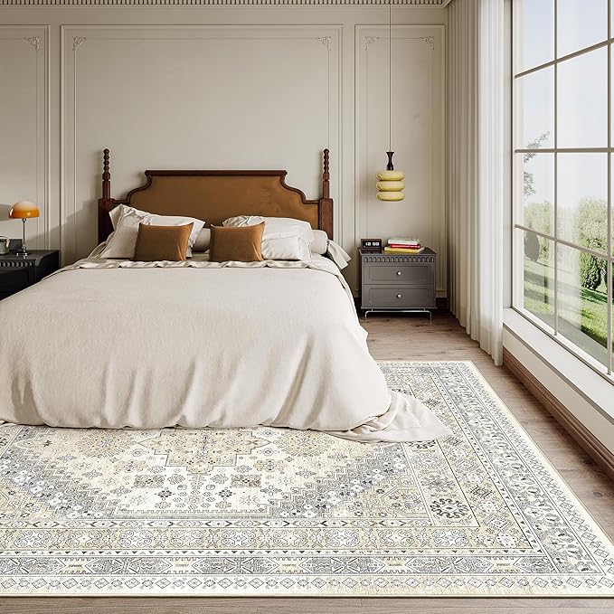 zesthome 7x9 Area Rug, Super Soft Washable Rugs for Living Room, Non-Slip Stain Resistant Vintage Rugs, Ultra-Thin Large Area Rugs (Beige,7'x9')