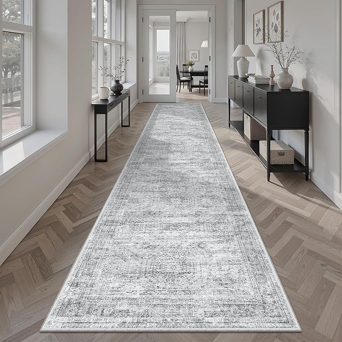 Runner Rug 2x10 Washable Non-Slip Hallway Runner Rugs for Kitchen Bathroom Laundry Room Grey Vintage Floor Carpet Runners for Hallways Entryway