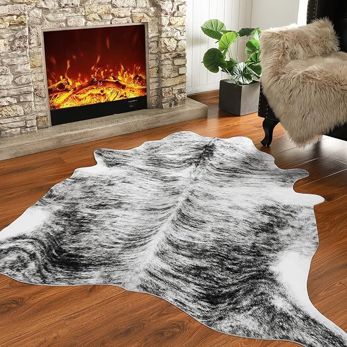 AROGAN Western Decor Faux Fur Cowhide Rug, 3.6 x 2.3 Feet Premium Animal Skin Cow Hide Rug, Sturdy Cow Print Rugs for Wall Decor, Western Floor Carpet for Bedroom Living Room, Black and Grey