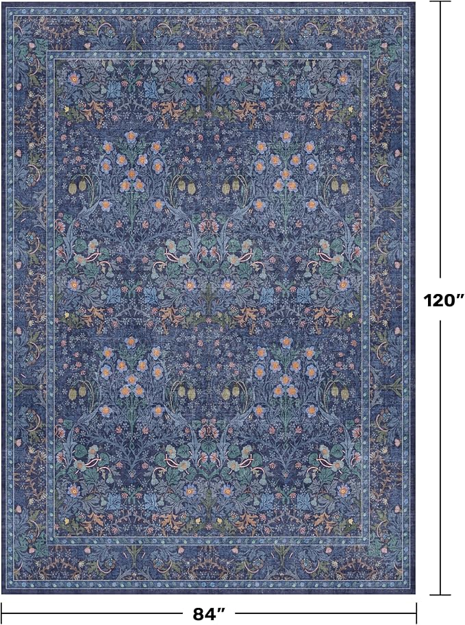 Hazo Haus Vintage Dark Blue Living Room Rug, 7x10 Washable Large Area Rugs for Bedroom, Dining Room Rugs Under Kitchen Table, Oriental Navy Blue Low Pile Stain Resistant Non-Slip