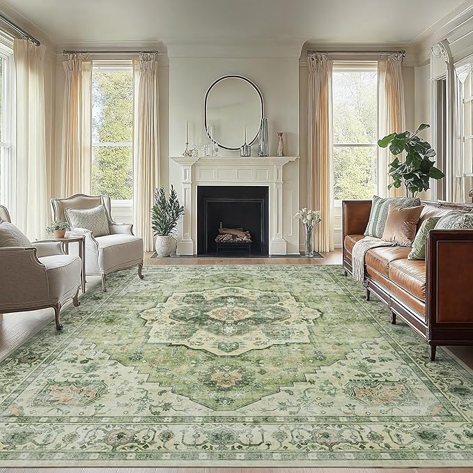 AMADA HOMEFURNISHING 8x10 Area Rug, Washable Low-Profile Large Area Rug with Non-Slip Backing & Durable Edge Binding, Vintage Large Rugs for Living Room, Bedroom