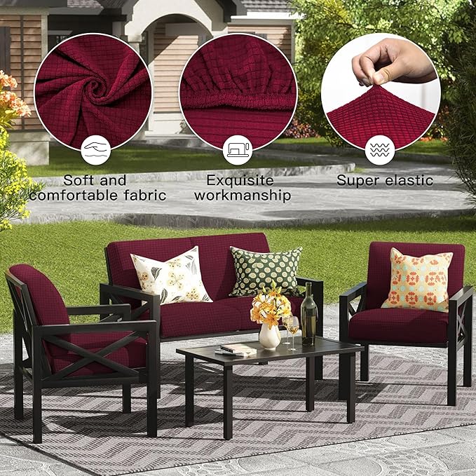 8Pcs Outdoor Cushion Covers, Patio Cushion Covers,Stretch Elastic Slipcovers, Replacement Washable & Reusable Furniture Protector for Patio Couch,Thick Jacquard Fabric(Wine Red, Cover Only)