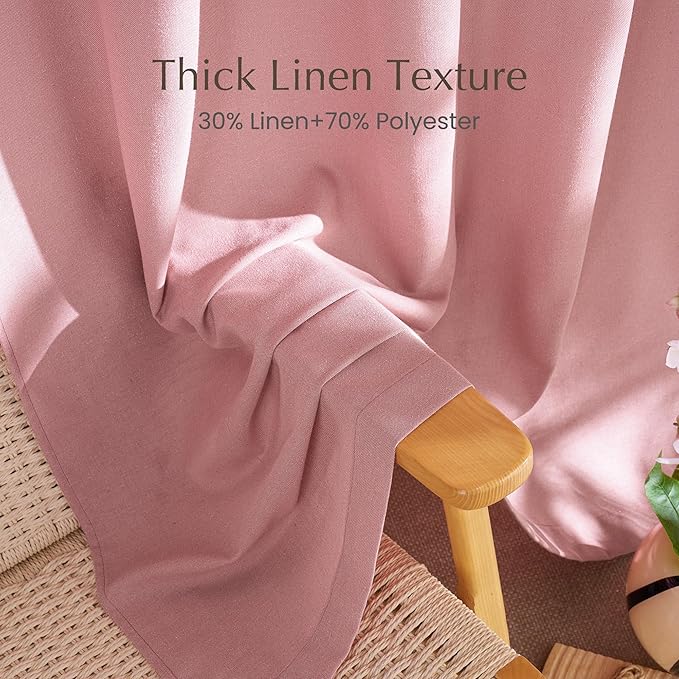 NICETOWN Thick Linen Pink Curtains for Girls Room 96 inches Long, Grommet Flax Linen Privacy Added with Light Filtering Window Treatments for Bedroom, W55 x L96, 2 Panels