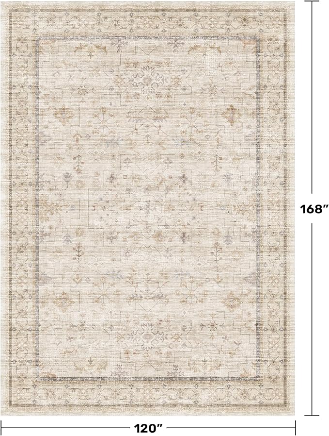 Washable Floral 10x14 Big Living Room Rug, Stain Resistant Foldable Area Rug for Bedroom, Large Dining Room, Farmhouse Neutral Light Beige Décor Indoor, Low Pile Soft Vintage Floor Carpet