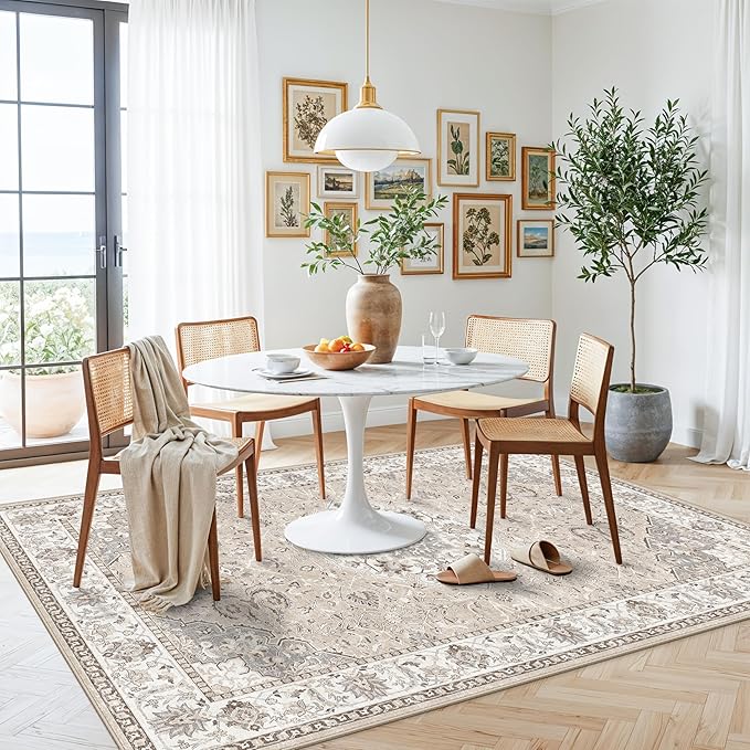 Washable 5x8 Living Room Area Rug: Vintage Water-Resistant Soft Rug for Bedroom Dining Room Non Slip Apartment Low Pile Carpet Thin Floor Mat for Dorm Home Office Printed Beside Rug(5x8，Beige)