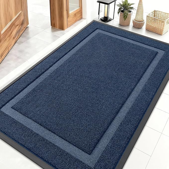 OLANLY Front Door Mat Indoor Outdoor Entrance, Waterproof All-Season, All-Weather Doormat, Sturdy Natural Rubber, Fade Resistant, Low Profile, Easy Clean Patio Porch Entryway Mat, 47x30, Blue
