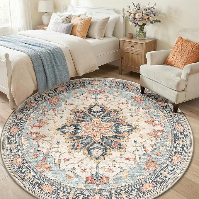 Area Rugs 6ft Washable Non-Slip, Floral Vintage Distress Print Pattern Medallion Carpet for Living Room Bedroom Dining Room, Beige Navy Blue Orange Colorful