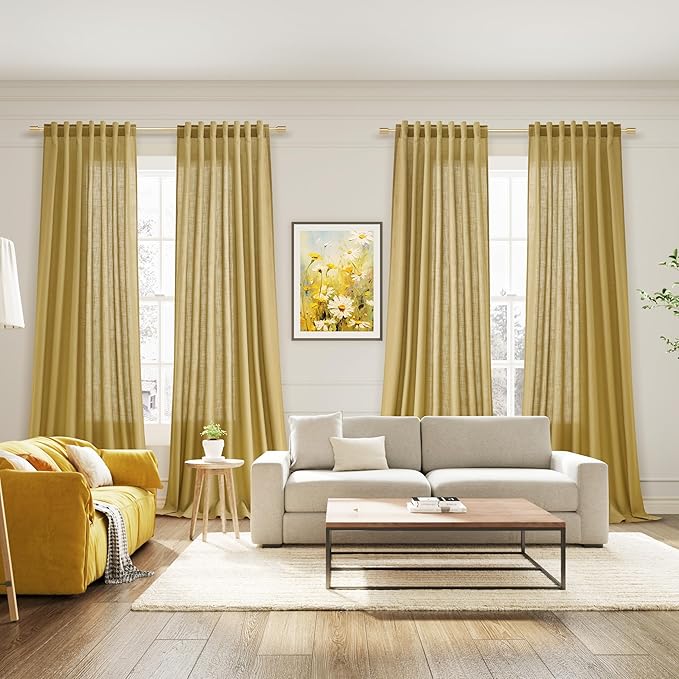 Extra Long Gold Linen Curtains 120 Inch for Living Room 2 Panels Set Rod Pocket Back Tab Light Filtering Semi Sheer Linen Window Drapes Privacy High Ceiling Drapes for Farmhouse 52x120