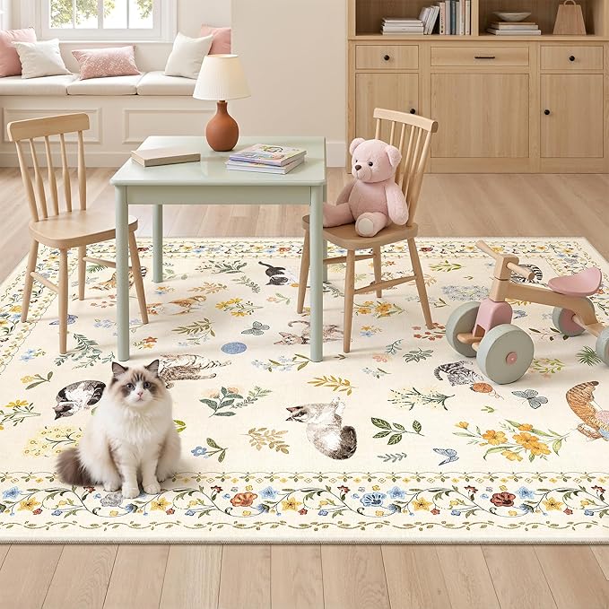 Cat 3x5 Area Rugs for Entryway, Machine Washable Animal Floral Accent Rug Non-Slip Low Pile Soft Throw Rugs for Kitchen Bedside Living Room Bedroom Kids Room (3 x 5,Beige)