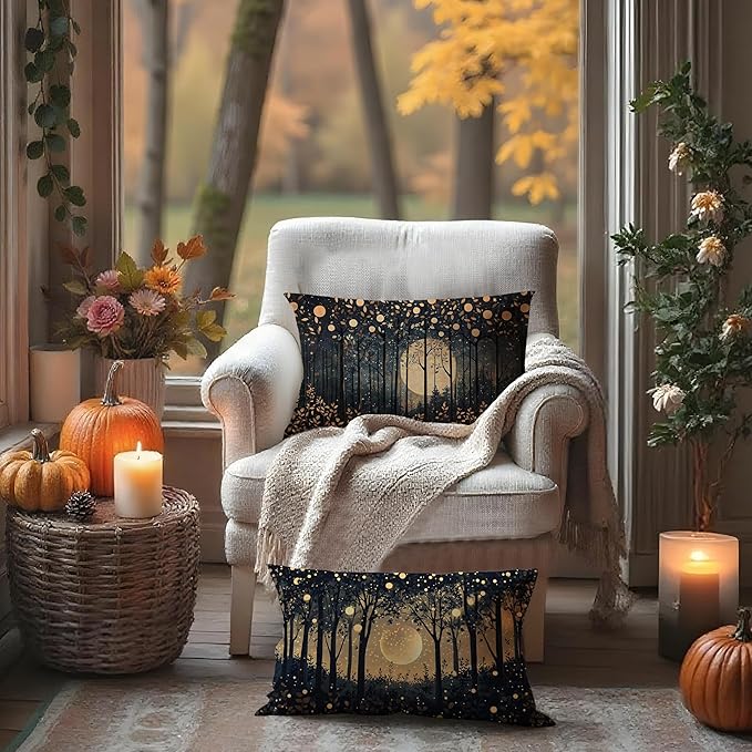 Rustic William Morris Inspired Gold Moon Pillow Covers 12x20 Set of 2,Vintage Black and Gold Moon Forest Botanical Nature Landscape Decorative Throw Pillow Covers for Home Bedroom Living Room