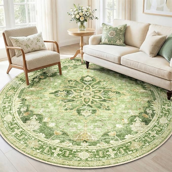 Area Rugs 6ft Washable Non-Slip, Floral Vintage Distress Print Pattern Medallion Carpet for Living Room Bedroom Dining Room, Sage Green Yellow