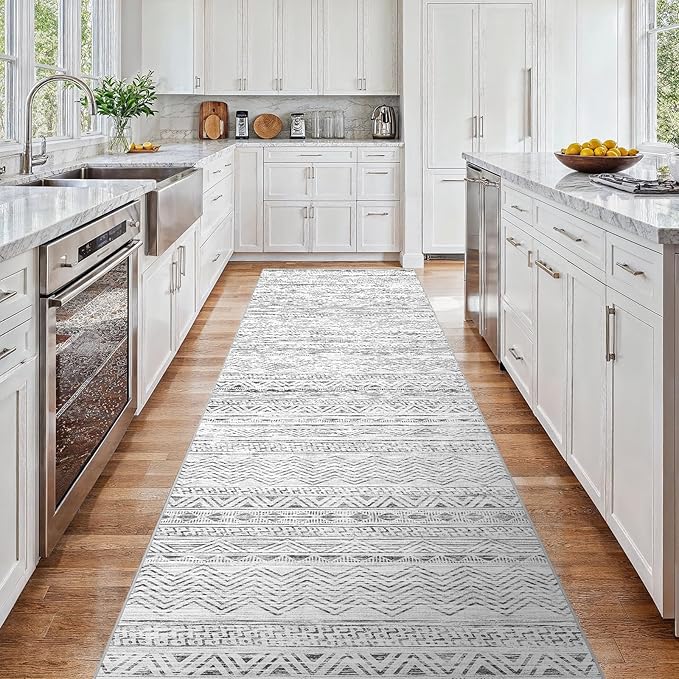 3x15 Washable Kitchen Runner Rug: Modern Moroccan Runners for Hallway Soft Non Slip Rugs with Rubber Backing Low Pile Thin Waterproof Floor Carpet for Entryway Bedroom Bathroom Indoor 3x15 Grey