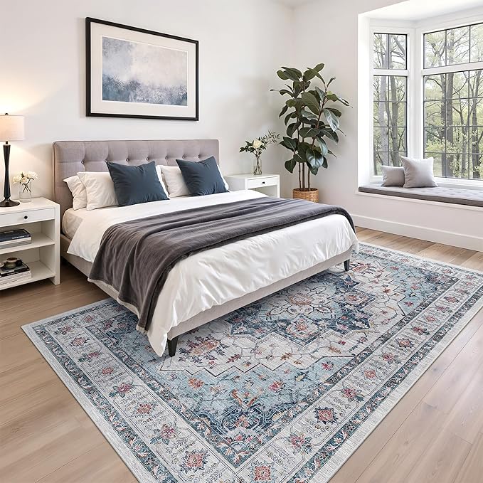 zesthome 6x9 Area Rugs, Machine Washable Rugs for Living Room, Bedroom,Stain Resistant Vintage Large Area Rug,Non-Slip Medallion Pattern Home Decor Rugs (Blue,6'x9')