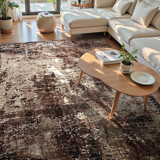 Ompaa Living Room Rug 8x10 Brown Area Rugs Machine Washable Abstract Coffee Boho Large Carpet Non-Slip Non-Shedding Faux Wool Indoor Vintage Rug for Bedroom, Classroom, Dining Room, Kids Playroom