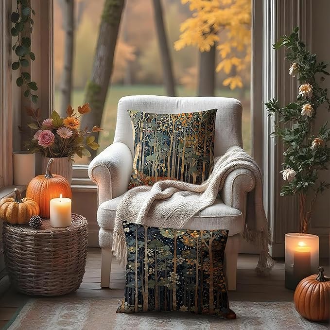 Rustic William Morris Inspired Autumn Forest Decor Throw Pillow Covers 18x18 Set of 2, Vintage Botanical Nature Decorative Throw Pillow Covers for Home Bedroom Living Room,Fall Home Room Decor