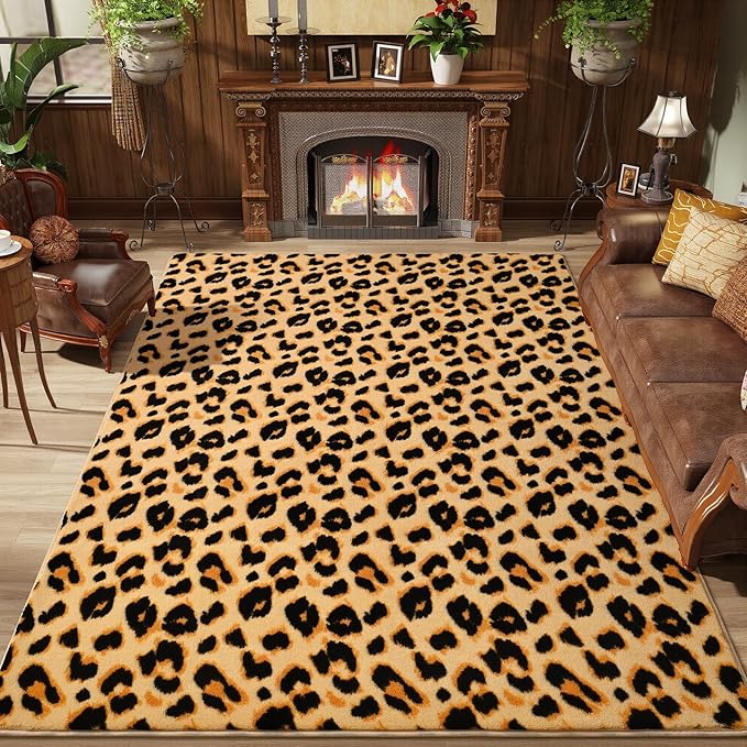 Amearea Soft Leopard Rugs for Bedroom Living Room, 4x6 Modern Cheetah Print Thickened Memory Foam Rug, Fluffy Indoor Washable Animal Rug Carpet for Kids Boys Girls Dorm Nursery Room Home Decor, Khaki