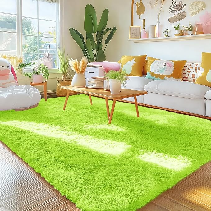 OLANLY Area Rugs for Living Room Bedroom, Machine Washable 4x5.9 ft Soft Fluffy Shaggy Bedside Rug, Indoor Floor Carpet for Kids Girls and Boys, Dorms, Nursery Rooms, Home Decor Aesthetic, Lime Green