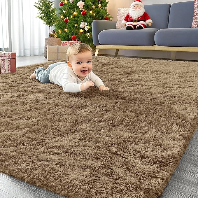 OLANLY Area Rugs for Living Room Bedroom, Machine Washable 4x5.9 ft Soft Fluffy Shaggy Bedside Rug, Indoor Floor Carpet for Kids Girls and Boys, Dorms, Nursery Rooms, Home Decor Aesthetic, Taupe