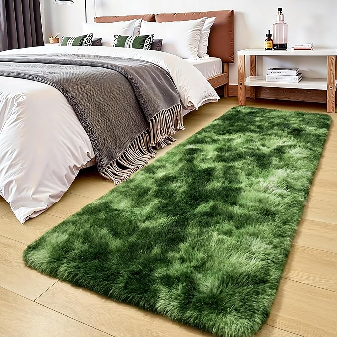 Tepook Soft Runner Rugs for Bedroom 2x6 with Rubber Backing, Tie-Dyed Dark Green Fluffy Rugs for Hallway, Shag Bedside Rug Fuzzy Plush Carpet for Living Room Dorm Nursery Indoor Home Decor