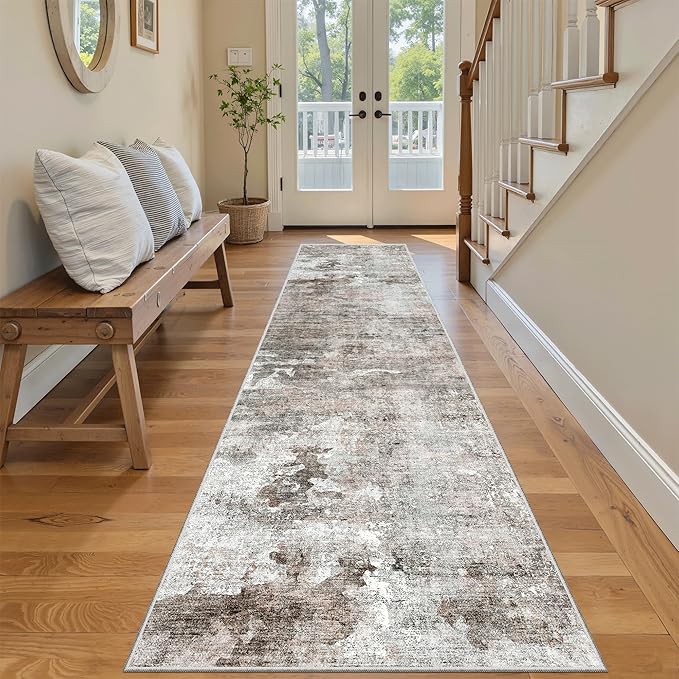 Runner Rug 2x8 Washable Non-Slip Hallway Runner Rugs for Kitchen Bathroom Laundry Room Pink/Grey Vintage Floor Carpet Runners for Hallways Entryway
