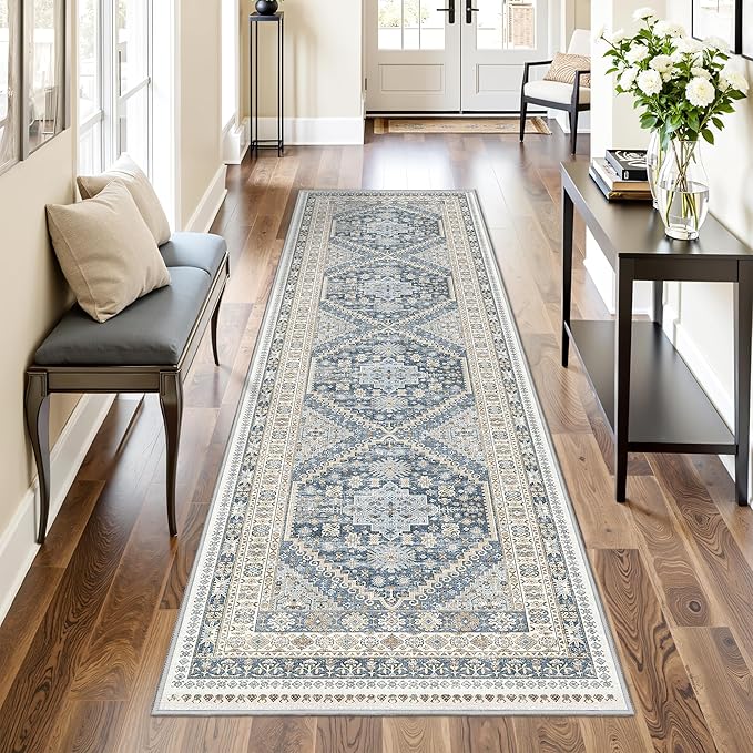Runner Rug 2x8 Runners for Hallways Non Slip Washable, Vintage Hallway Runner Rugs for Living Room, Low Pile Soft Hallway Rug for Kitchen Bedroom Laundry Room(Blue/Beige,2'x8')