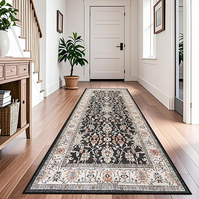 TOPRUUG Washable 4x8 Runner Rug: Vintage Non-Slip Hallway Runner Rug Durable Ultra Soft Kitchen Rugs Stain Resistant Low-Pile Non Skid Floor Carpet for Living Room Bedroom Home Decor (Black, 4X8)