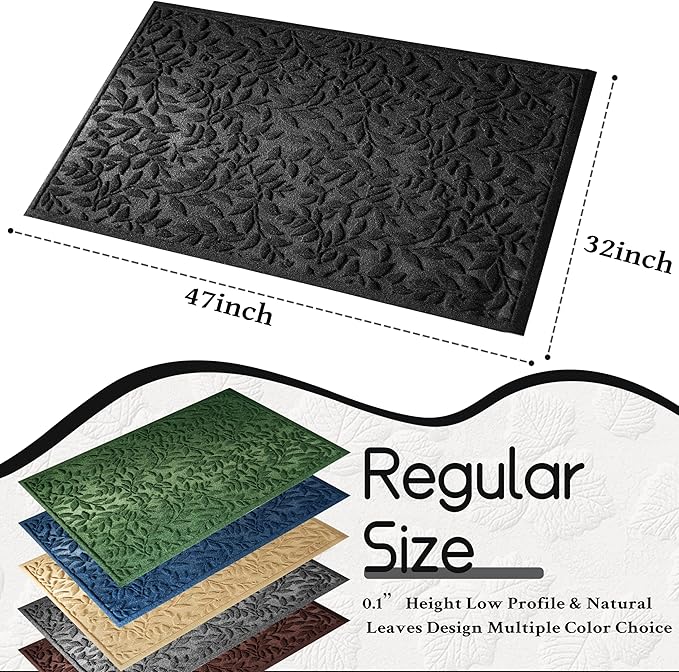 Black Leaves Outdoor Indoor Entrance Door mat, Absorbent Durable Heavy Duty Welcome Front Door Mat,Thick Natural Rubber Back,Easy Clean Entryway Mat 47x32 Inch, Low Profile