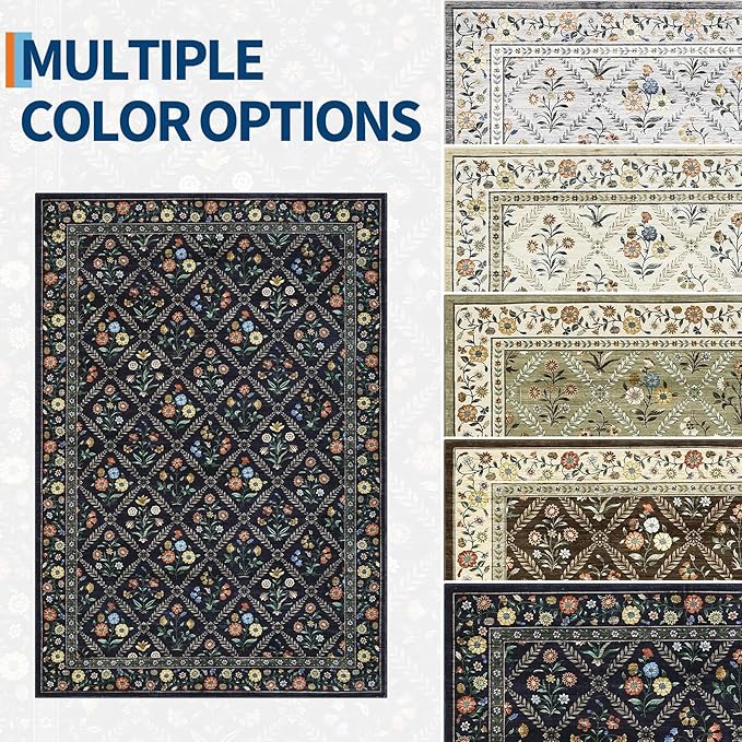 GarveeHome 8x10 Washable Large Living Room Rug Water Resistant Distressed Vintage Floral Rug Non Slip Low Pile Soft for Bedroom Farmhouse Dining Room Kids Playroom Nursery Navy&Black