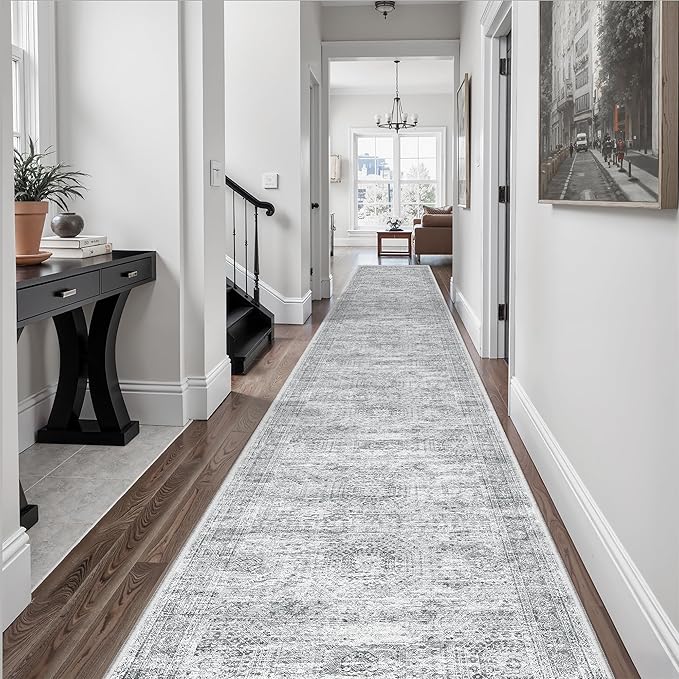 Runner Rug 2'6" x 14' Washable Non-Slip Runner Rugs for Kitchen Bathroom Laundry Room Vintage Ultra Thin Runners for Hallway Entryway Grey