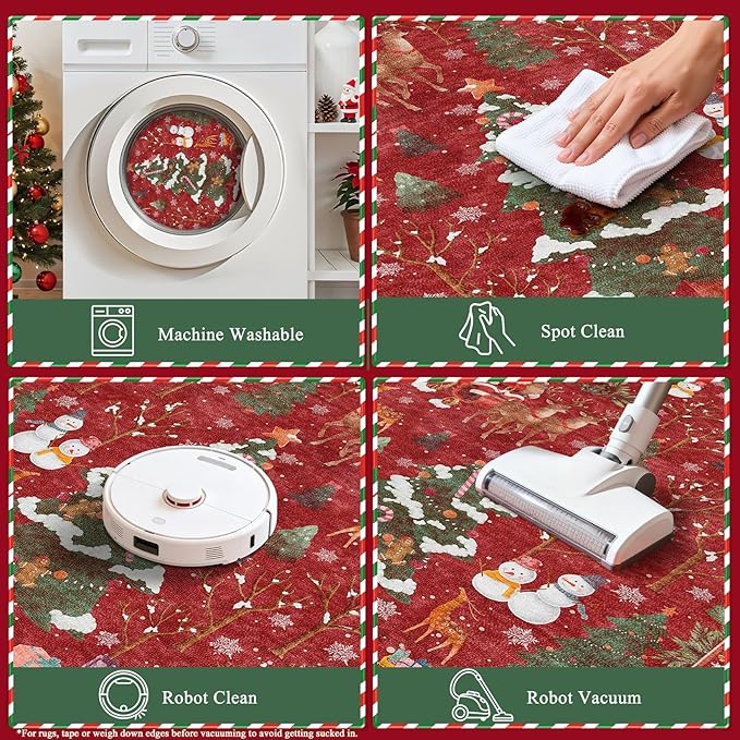 UERMEI Christmas Area Rug Living Room Rugs: 5x7 Neutral Modern Washable Festive Soft Thin Non-Slip Indoor Carpet for Bedroom Dining Table and Home Office Holiday Decor - Red