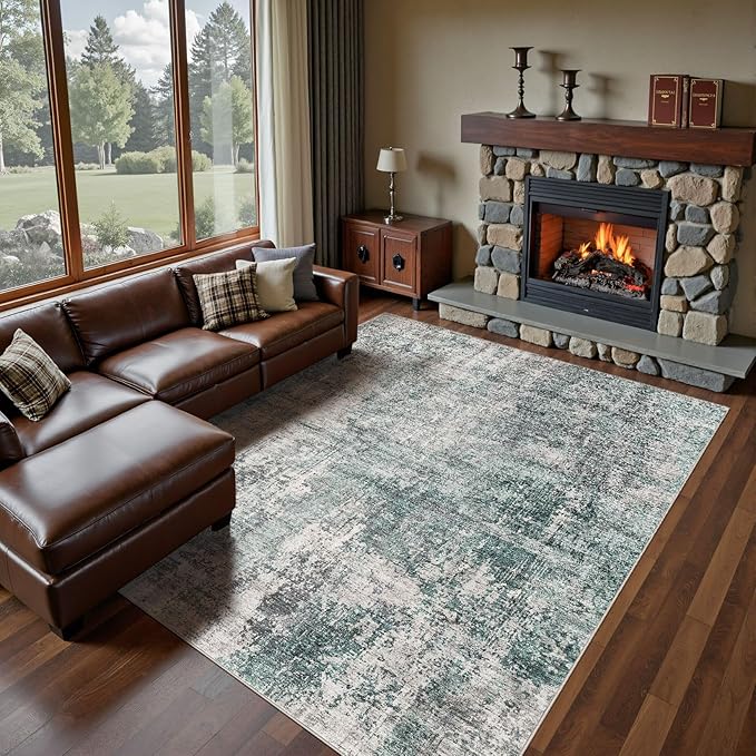 UERMEI 10x12 Area Rug Living Room Rugs - Washable Neutral Modern Abstract Soft Thin Large Rug Indoor Floor No Slip Rug Carpet for Bedroom Under Dining Table Home Office Decor - Green/Grey