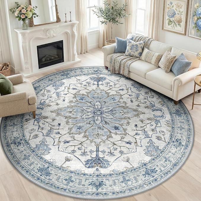 Area Rugs 7ft Washable Non-Slip, Floral Vintage Distress Print Pattern Medallion Carpet for Living Room Bedroom Dining Room, Light Blue Navy Beige Gray White