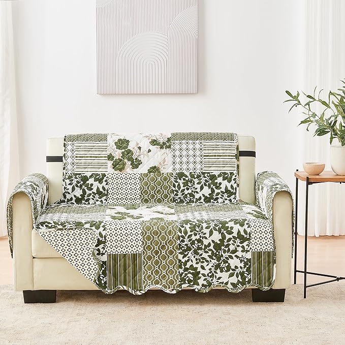 Great Bay Home Reversible Patchwork Loveseat Cover - Washable Slipcover Furniture Protector with Elastic Straps - Perfect for Kids & Pets - Box-Stitched Detail (Olive/Brown)
