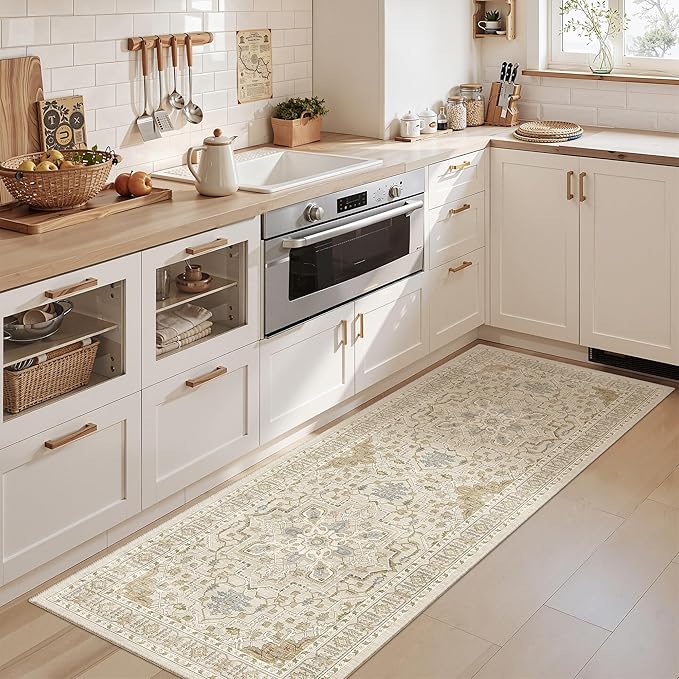 Madane Washable Runner Rug - 2x6 Rug Runners for Hallways 6 Foot Non Slip Vintage Kitchen Runner Rug Ultra-Thin Bathroom Runner Rugs Carpet Laundry Room Bedroom (2x6ft, Beige/Blue)