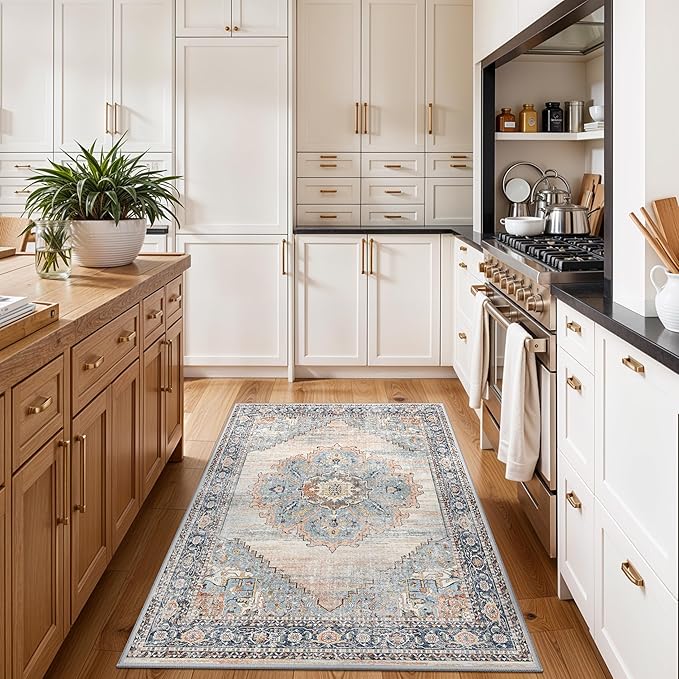 TOPRUUG 3x4 Entryway Runner Rug - Washable Non-Slip Rugs for Kitchen Soft Ultra-Thin Door Mat Indoor Entrance Stain Resistant Small Throw Carpet for Bathroom (Blue, 3X4)