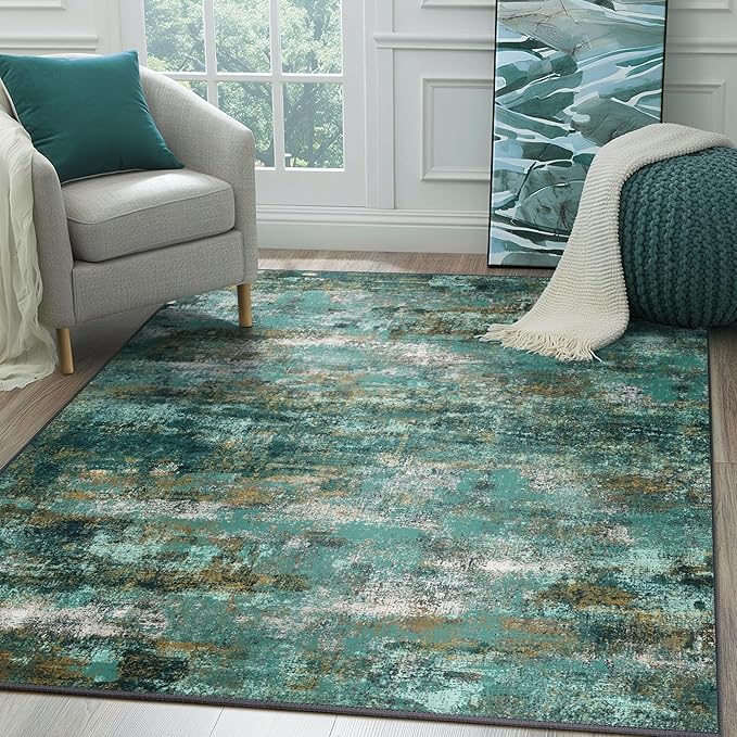 Area Rugs 5x8 for Living Room Bedroom, Modern Abstract Machine Washable Rug, Large Soft Low Pile Floor Carpet with Non Slip Backing for Dining Room, Turquoise