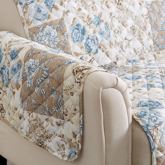 Great Bay Home Reversible Floral Patchwork Loveseat Furniture Protector - Machine Washable, Scalloped Edge, Stain Resistant, Printed Furniture Cover for Dogs, Kids, and Pets (Taupe/Blue)