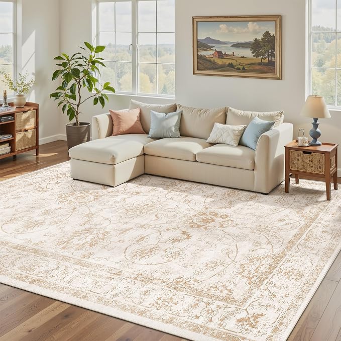 Madane Washable 6x9 Area Rugs for Living Room, Vintage Natural Rug with Non-Slip Backing, Soft Stain Resistant Throw Rugs Thin Carpet for Bedroom Dining Room Farmhouse (6 x 9, Wood/Ivory)