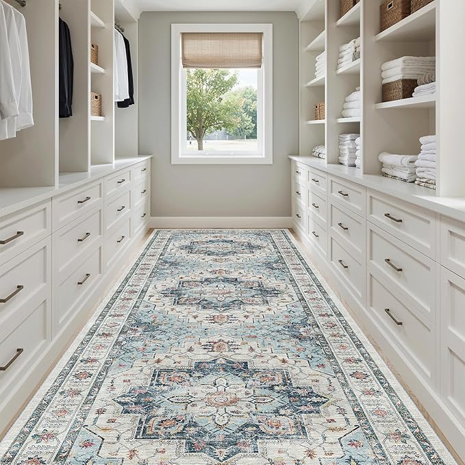 Madane 4x12 Wide Hallway Runners: Washable Runner Rug for Entryway Living Room Soft Vintage Non Slip Carpet Runner for Kitchen Dining Room Nursery Bedroom Thin Area Rug (Blue, 4x12ft)