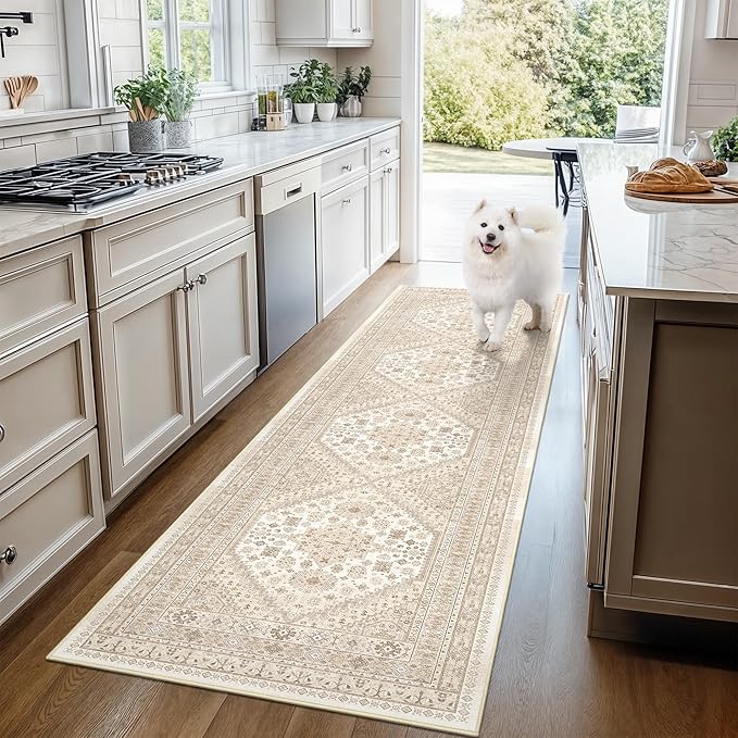 Washable Rugs 8x10 Area Rugs for Living Room, Non-Slip Backing Large Rug for Nursery Room, Vintage Floral Bedroom Rugs, Thin Indoor Home Decor Soft Farmhouse Rug (Cream/Beige,8'x10')