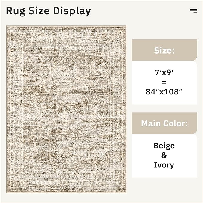 7x9 Area Rug for Living Room Washable Abstract Vintage Soft Thin Indoor Floor Non-Slip Carpet for Bedroom Dining Room Brown